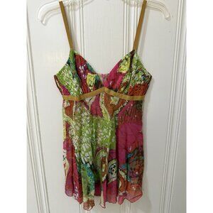 Trina Turk Floral Tank Top Pleated Bust Y2K Vibes Semi Sheer P XS‎
